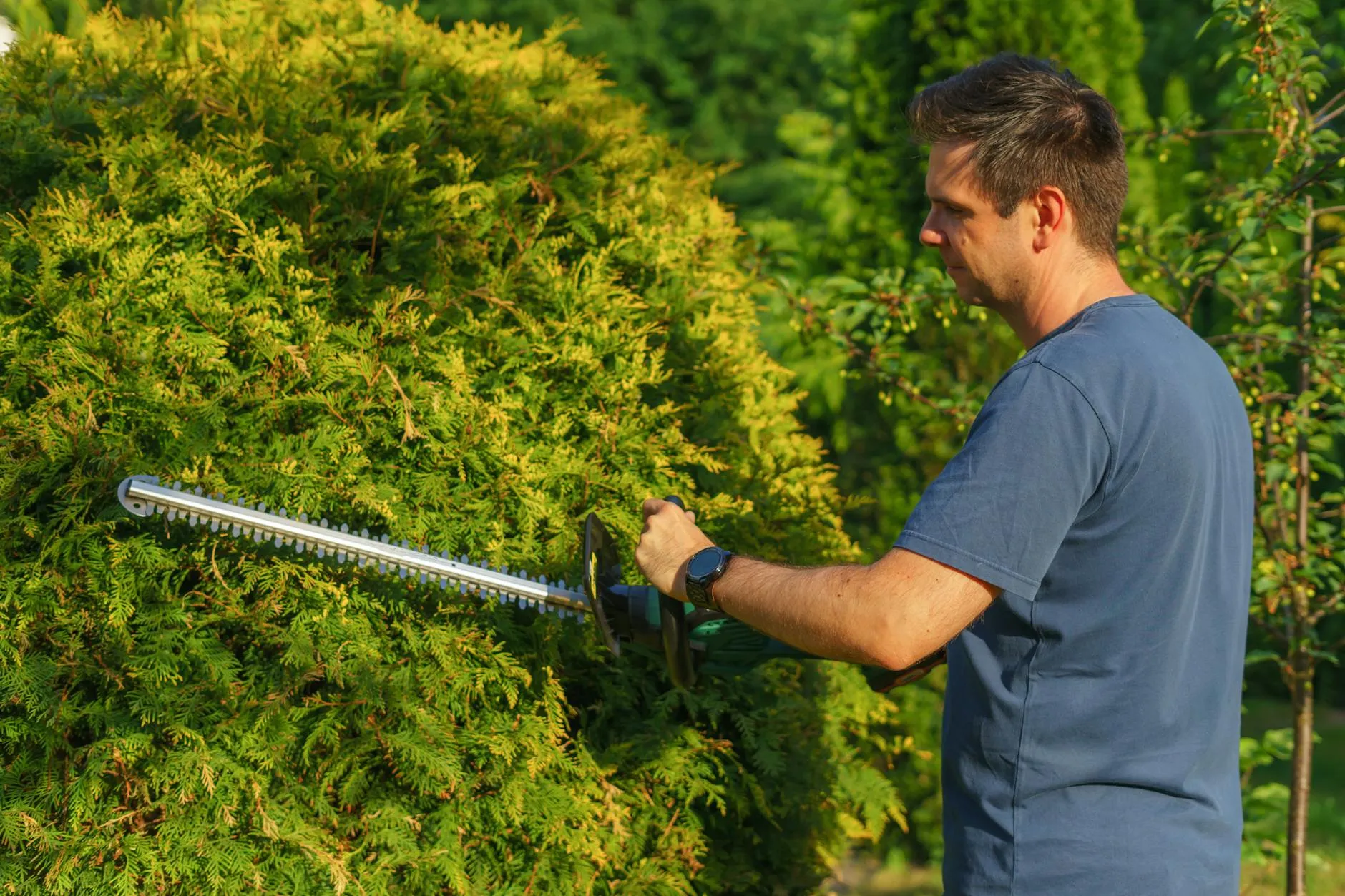 Hovenier aan het werk in een tuin