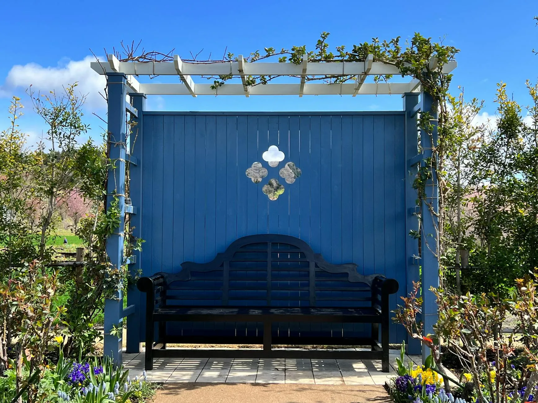 Houten pergola met klimmers
